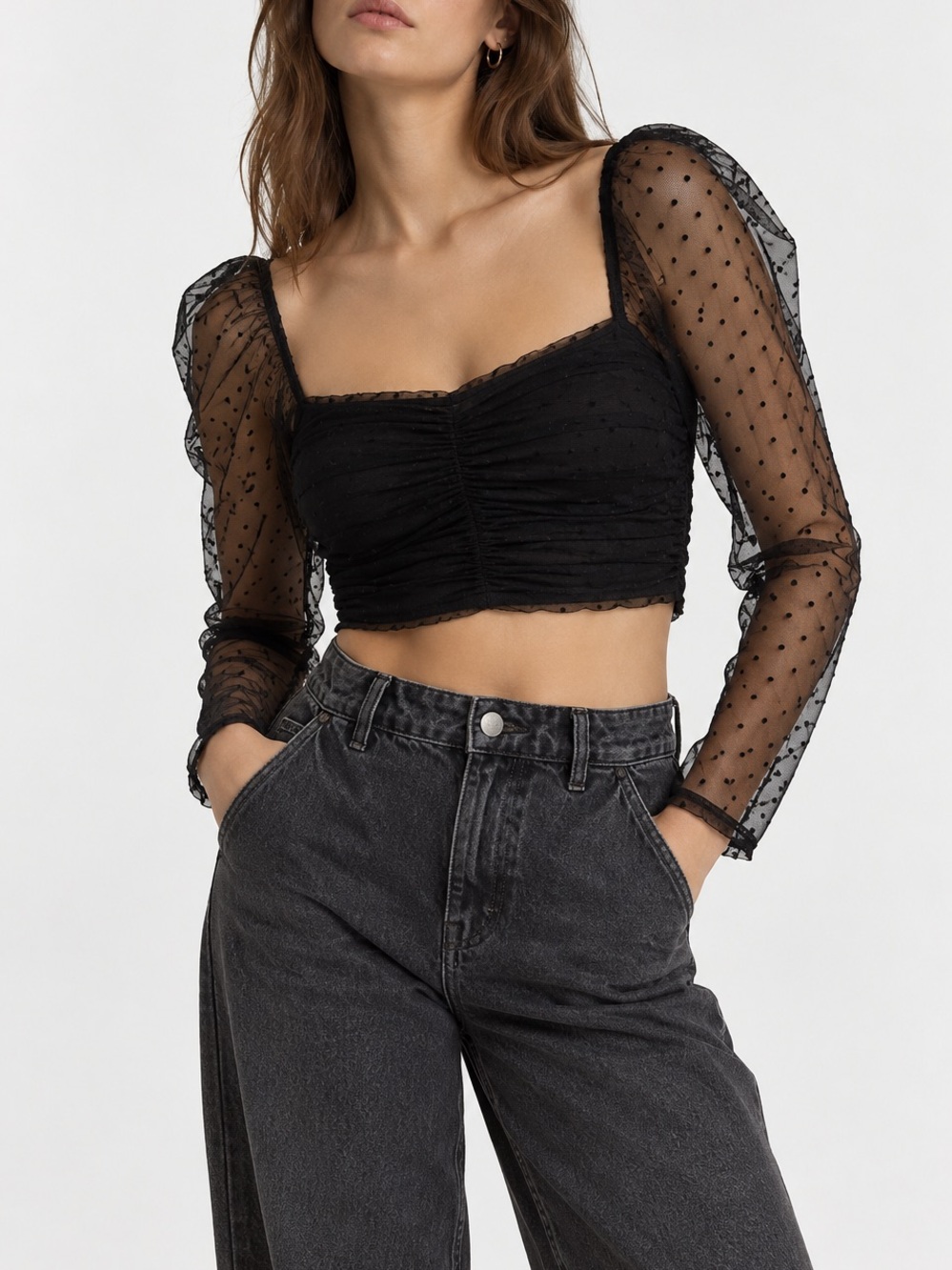 H&M Black Sheer Polka Dot Puff Sleeve Crop Top